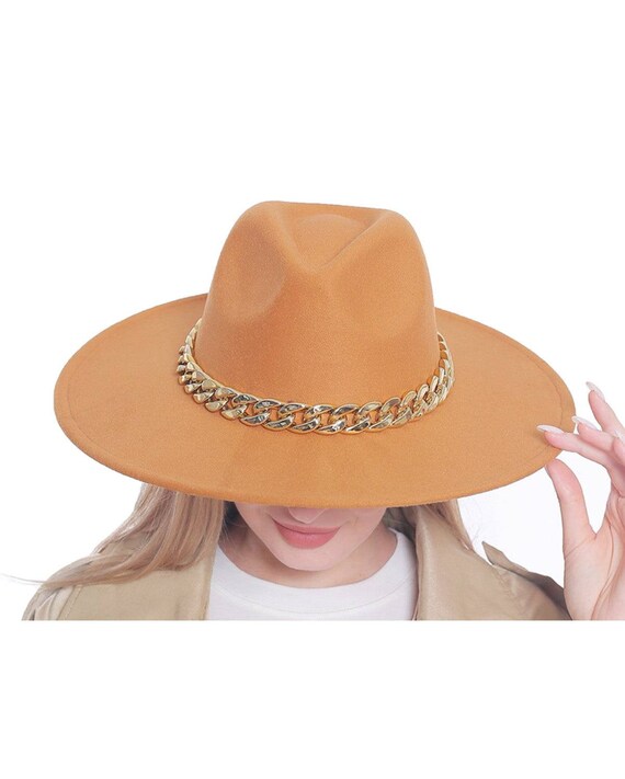 NEW Unique Orange Fedora Hat with Gold Chain Golden Yellow Fedora With Chain Accent, Hat With Silver  main image 4