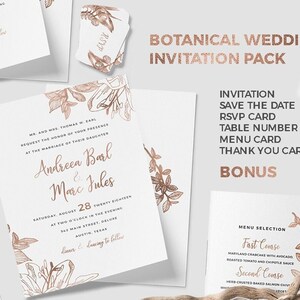 Paquete de invitación de boda botánica, invitación de boda imprimible floral, invitación de boda, archivos PSD editables de boda, descarga instantánea