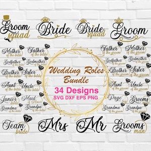 Pacchetto SVG ruoli matrimonio, Pacchetto SVG matrimonio, Pacchetto SVG festa nuziale, SVG sposa, SVG damigella d'onore, SVG sposo, SVG signor e signora, Download digitale