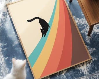 Sliding Black Cat Art Print: Playful Halloween Decor (Digital Download)