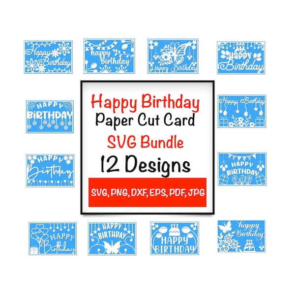 Happy Birthday Paper Cut Card SVG Bundle, Happy Birthday Card Papercut Horizontal Template Bundle, SVG File for Cricut, Digital Download