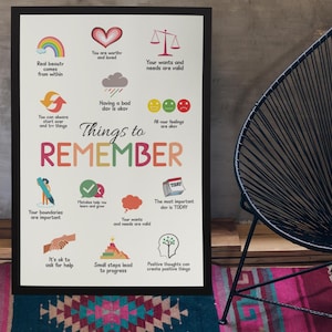 May include: A framed poster featuring the phrase "Things to Remember" with colourful illustrations and text. The poster contains positive affirmations and reminders, including "You are worthy and loved" and "It's ok to ask for help."