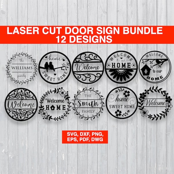 Laser Cut Round Door Sign SVG Bundle, Home sweet home laser cut file, Welcome door sign bundle, Wood Door Sign Bundle, Wall decor bundle