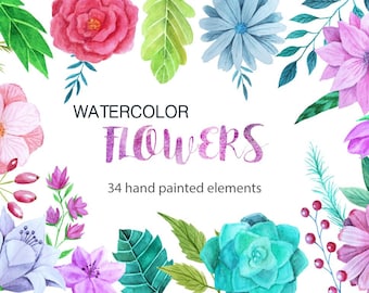 Paquete de imágenes prediseñadas de flores de acuarela: gráficos florales DIY (archivos digitales)