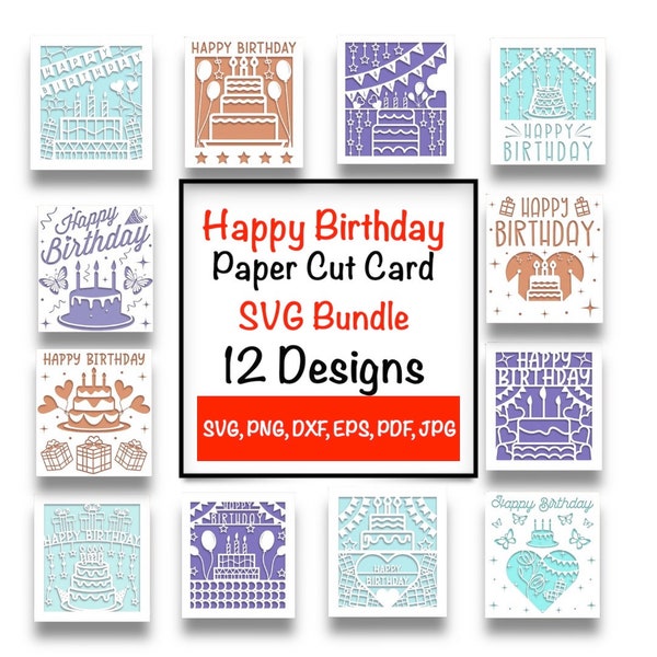 Happy Birthday Paper Cut Card SVG Bundle, Happy Birthday Card Papercut Vertical Template Bundle, SVG File for Cricut, Digital Download