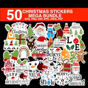 50 naklejek świątecznych Svg Png Bundle, cyfrowe naklejki do druku Wesołych Świąt Svg, Wesołe i jasne Svg, sezon świąteczny Svg, plik Png