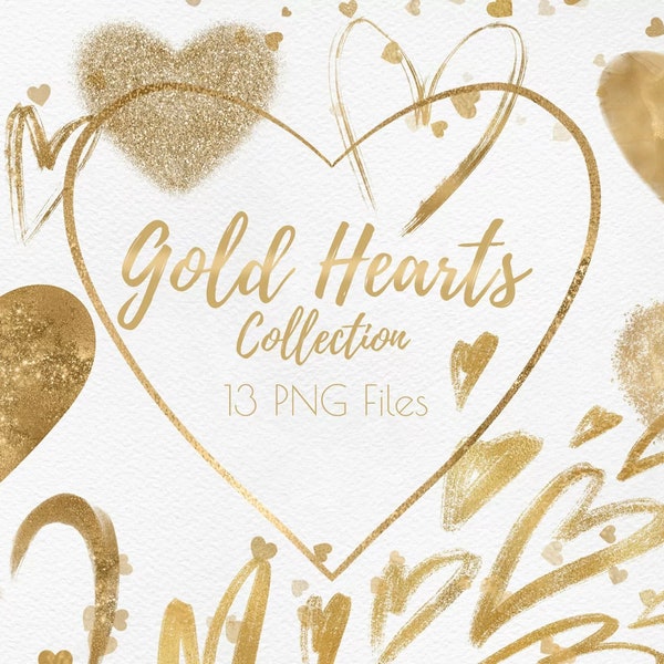 Gold Glitter Heart PNG Bundle, Gold heart clipart, Heart overlays, Heart design elements, Valentine's day heart bundle, Digital Download