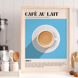 May include: A framed print with the words "CAFÉ AU LAIT" and a cup of coffee on a saucer against a blue background. The print is in a light wood frame. A blender and kitchen utensils are in the background.