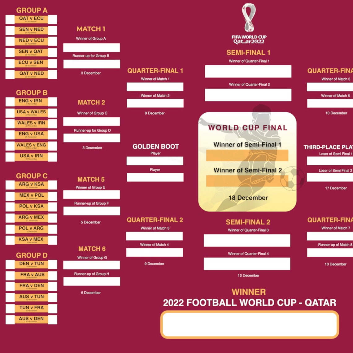 FIFA World Cup Qatar 2022 Printable Wall Chart World Cup Etsy