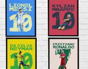 Messi Ronaldo Neymar Mbappe Posters Set, Sports Poster Set, Football Poster Set, Soccer Wall Art Gift, Sports Room Decor, Digital Download