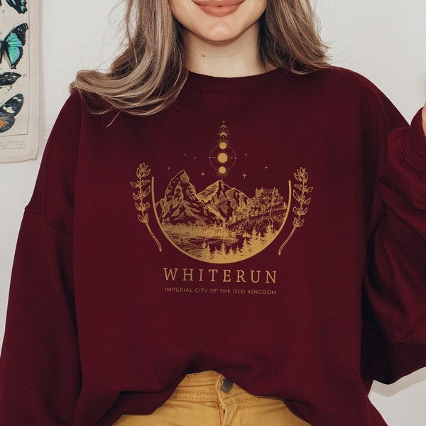 Chandail Whiterun Skyrim Elder Scrolls V Gaming Ras du cou de jeu Dragonborn Dawnguard Hearthfire Sweatshirt Amateur de jeux vidéo Cadeau Gamer pour femme