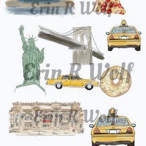 Acuarela de la ciudad de Nueva York, boda en Nueva York, iconos de Nueva York, descargable, invitación, uso personal, imprímela tú mismo, invitaciones hechas a mano, abrir en canva