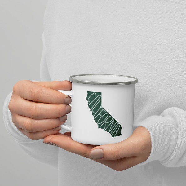 California Emaille Tasse. Camping Becher. Wanderer Geschenk. Geschenk für Sie. Los Angeles Wandern. Großer Sur.