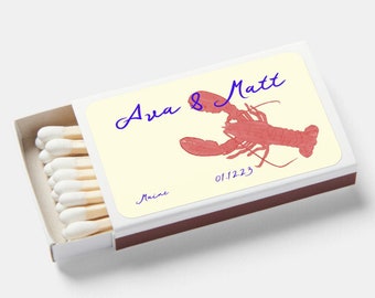 Lobster wedding favors for guests in bulk. Maine Wedding Match box. Personalized Guest Favors. Lobster Theme. Wedding Sketch -  Favor 50.