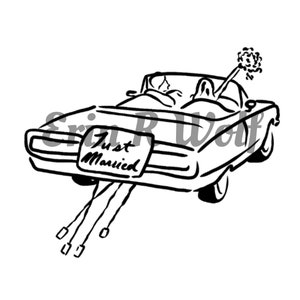Skizzenhafte Zeichnung eines gerade verheirateten Get Away Cars, perfekte Skizze für Ihren Hochzeitstag, fügen Sie es einem Menü oder zu Ihren Danksagungskarten hinzu.