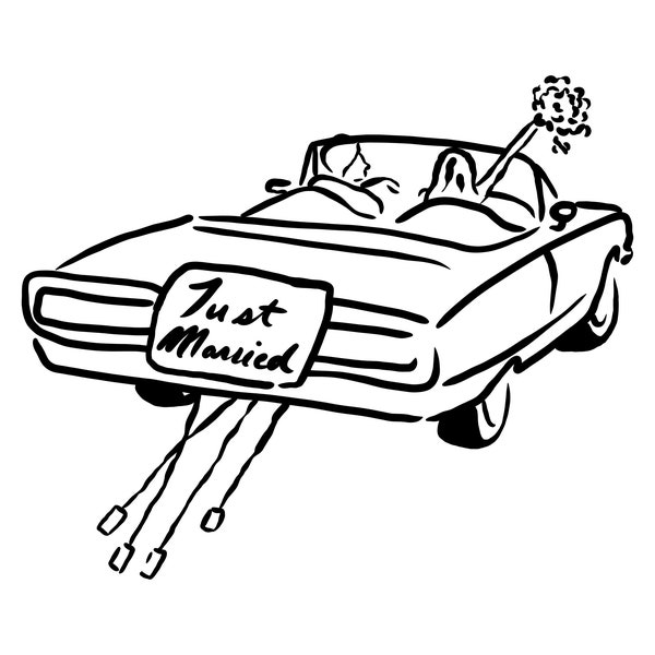 Sketchy Drawing of a Just Married Get Away Car, perfect sketch for your wedding day, add it to a menu or to your thank you cards.