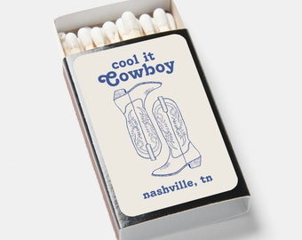 Apartment cowboy matches, housewarming gift matchbox, Nashville, Austin, drawings, host gift, gift for host, set of 50, blue cowboy boots