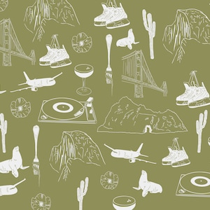 May include: A green background with white illustrations of various objects, including a record player, a plane, a cactus, a glass of wine, a seal, a mountain, and a pair of ice skates.