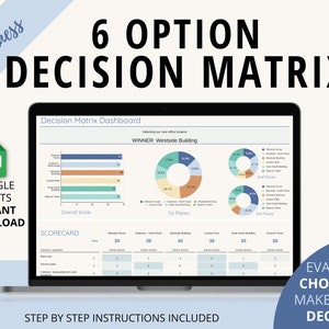 Decision Matrix 6 Options | Google Sheets template | Project management | Planning tool | Work decisions | Selection tool | Business tool