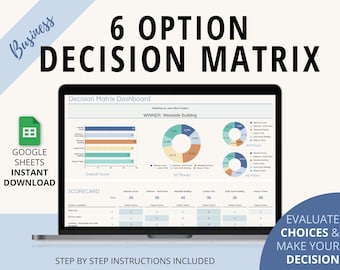 Decision Matrix 6 Options | Google Sheets template | Project management | Planning tool | Work decisions | Selection tool | Business tool