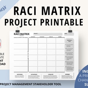 May include: A black and white printable RACI matrix project management template. The template includes columns for project, date, deliverables/tasks, responsible, accountable, consulted, and informed. The template also includes a section with steps for creating a RACI matrix.