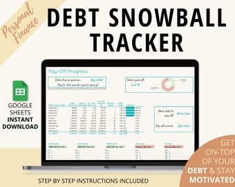 May include: A laptop screen displaying a Google Sheets spreadsheet with a debt snowball tracker. The spreadsheet includes columns for debt name, initial amount, current balance, total interest, total payments, monthly payment, and months to pay off. The spreadsheet also includes a progress bar and a pie chart showing the percentage of debt paid off. The text on the screen reads "Debt Snowball Tracker" and "Pay-Off Progress".