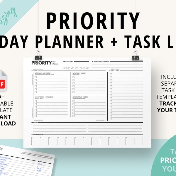 Priority Day Planner + Task List | PDF Printable | Priority Matrix | Planning tool | Track tasks, get organized, efficiently tackle your day