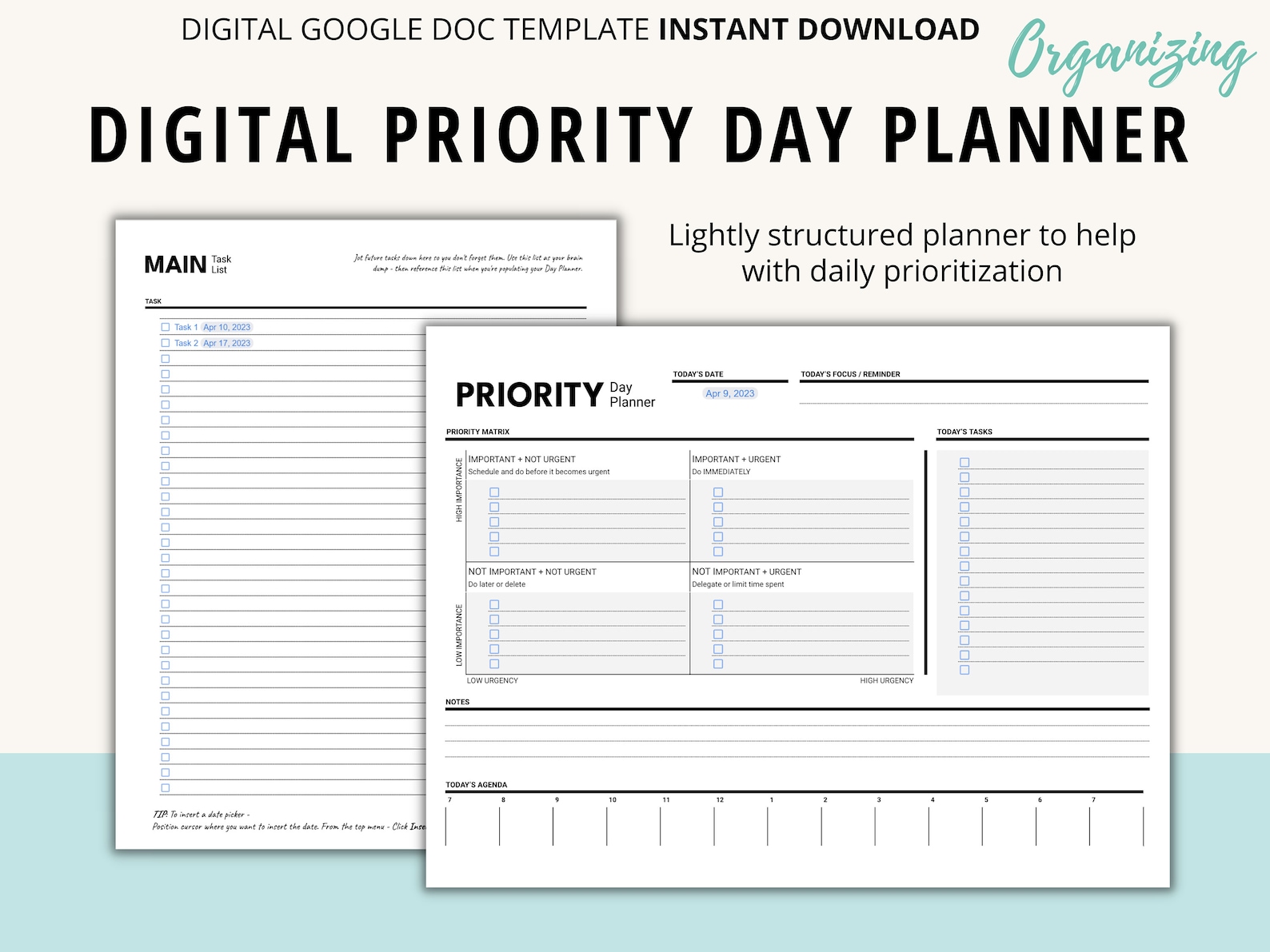 Priority Day Planner + Task List | Digital Google Docs Template ...