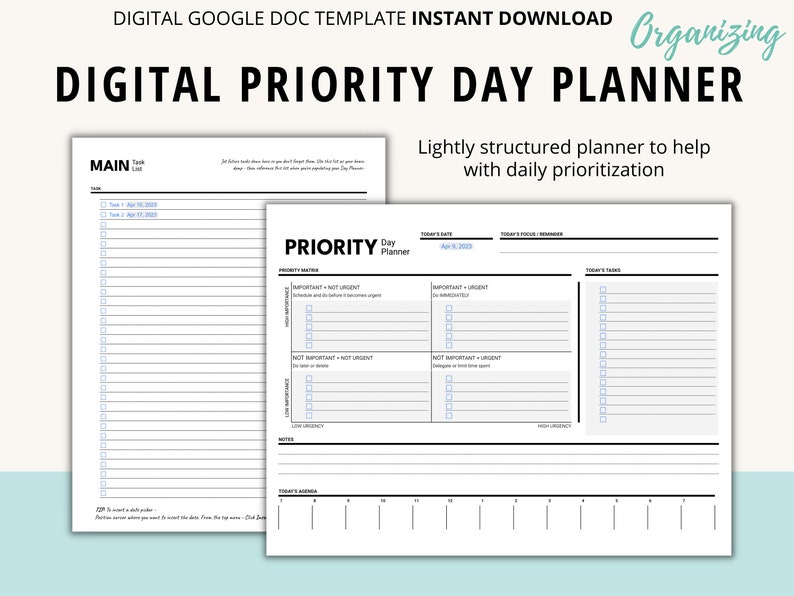 Priority Day Planner + Task List | Digital Google Docs Template ...