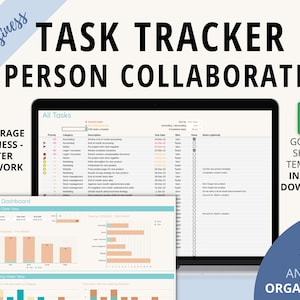 May include: A Google Sheets template for a task tracker that can be used by up to 10 people. The template includes a dashboard with charts and graphs to visualise tasks and progress. The image shows a laptop screen displaying the template and a green Google Sheets icon.