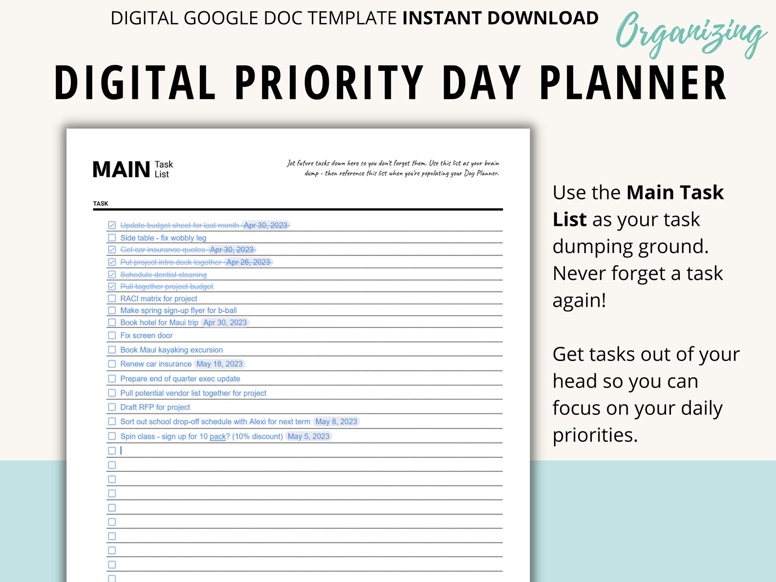 Priority Day Planner + Task List | Digital Google Docs Template ...