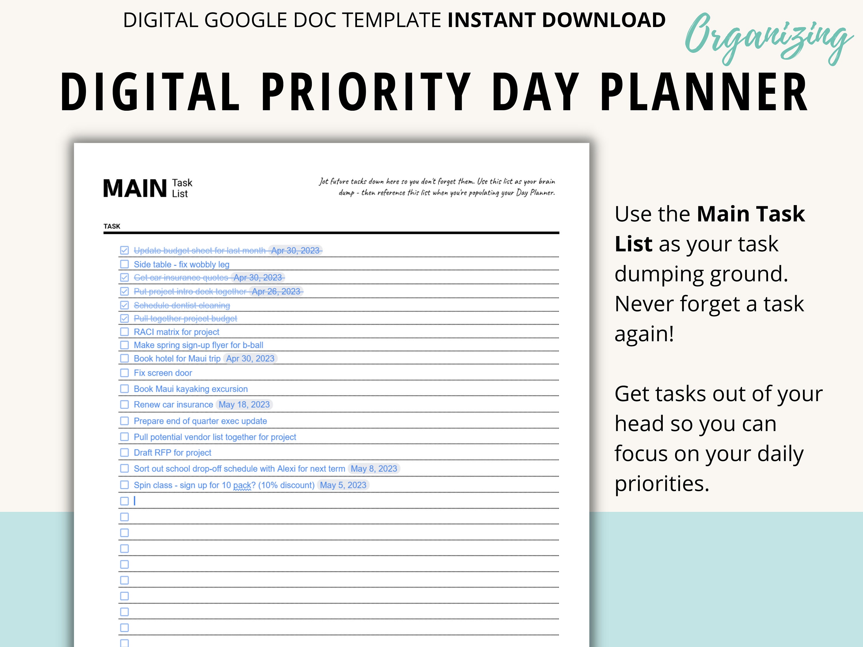 Priority Day Planner + Task List | Digital Google Docs Template ...