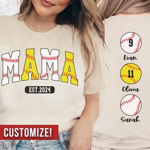 Custom Mama Baseball Softball Shirt with Names Personalized Ballpark Mom Sweatshirt Varsity College Game Day Son Daughter Sport Lover Tshirt