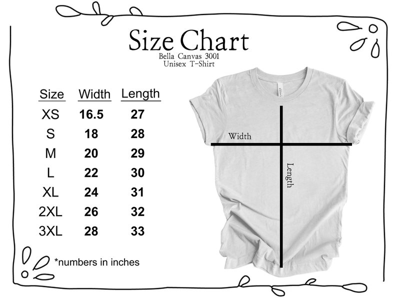 K&ouml;nnte beinhalten: Gr&ouml;&szlig;entabelle f&uuml;r ein Unisex-T-Shirt, die die Ma&szlig;e in Zoll f&uuml;r Breite und L&auml;nge angibt. Die Gr&ouml;&szlig;en umfassen XS, S, M, L, XL, 2XL und 3XL.