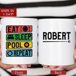 Personalized Pool Gift for Billiards Player, Eat Sleep Pool Repeat Mug, Cue Stick Gift, Funny Pool Player Gift, Pool Mug, Billiard Gift