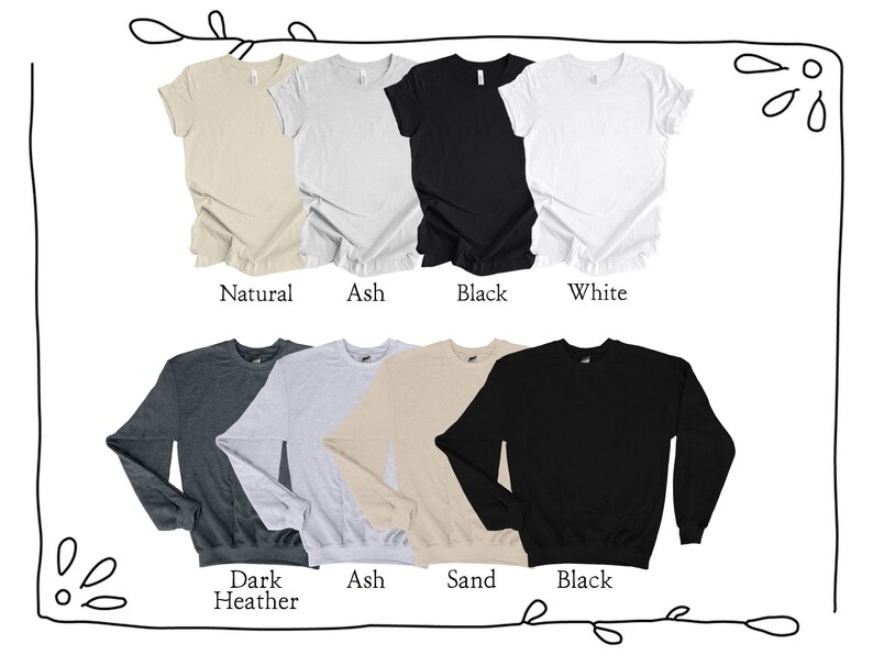 Op de afbeelding: Een set t-shirts en sweatshirts in verschillende kleuren, waaronder naturel, as, zwart, wit, donker grijs en zand. De t-shirts hebben korte mouwen en een ronde hals, terwijl de sweatshirts lange mouwen en een ronde hals hebben.