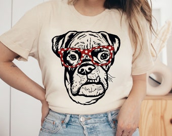 Boxer Dog Shirt, Funny Boxer Mom Gifts For Women New Boxer Puppy Mama Pet Owner Tee For Her Nerdy Boxer With Glasses Apparel