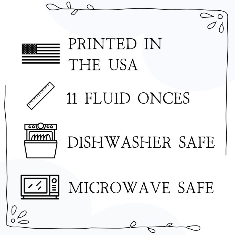 Może przedstawiać: Białe tło z czarnym tekstem i ilustracjami. Tekst brzmi "PRINTED IN THE USA", "11 uncji płynu", "MOŻNA MYĆ W ZMYWARCE" i "MOŻNA UŻYWAĆ W MIKROFAL&Oacute;WCE". Zawiera flagę amerykańską, linijkę, zmywarkę i kuchenkę mikrofalową.