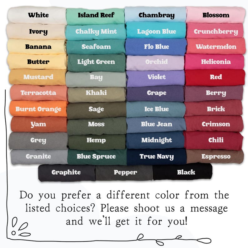 K&ouml;nnte beinhalten: Eine Farbkarte mit verschiedenen Stofffarben, darunter Wei&szlig;, Blau, Rosa und Gr&uuml;n. Jede Farbe ist mit ihrem Namen beschriftet, wie z. B. "White", "Chambray" und "Blossom". Das Bild enth&auml;lt auch eine Nachricht &uuml;ber kundenspezifische Farboptionen.
