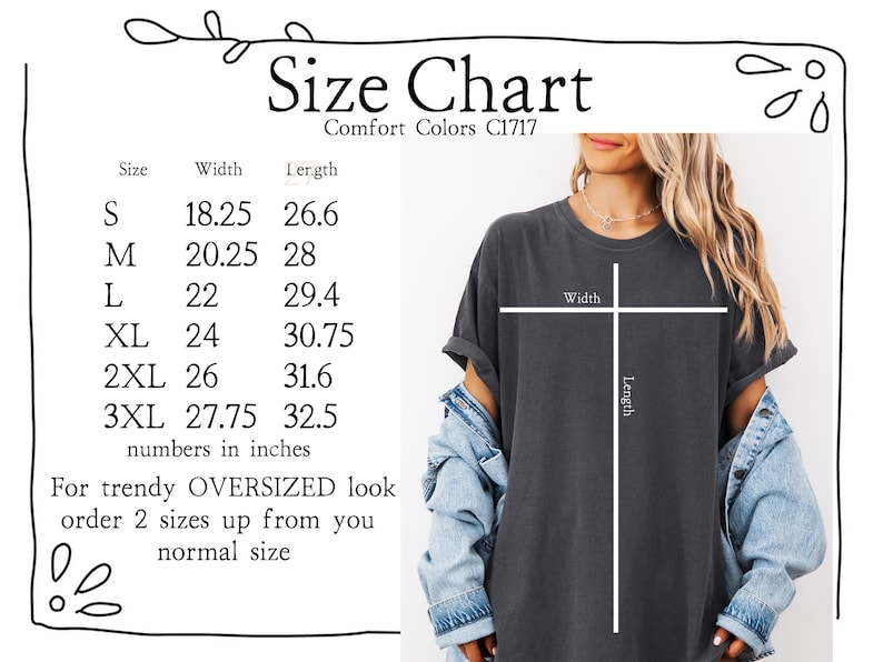 K&ouml;nnte beinhalten: Gr&ouml;&szlig;entabelle f&uuml;r Comfort Colors C1717 T-Shirts. Die Tabelle zeigt die Gr&ouml;&szlig;en S bis 3XL mit Breiten- und L&auml;ngenma&szlig;en in Zoll. Der Text lautet: "F&uuml;r einen trendigen OVERSIZED-Look bestellen Sie 2 Gr&ouml;&szlig;en gr&ouml;&szlig;er als Ihre normale Gr&ouml;&szlig;e."