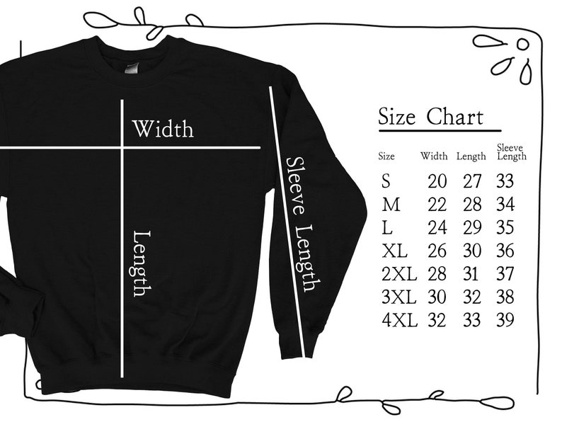 Op de afbeelding: Maattabel voor een zwart sweatshirt met afmetingen in inches voor breedte, lengte en mouwlengte. De maten vari&euml;ren van S tot 4XL.
