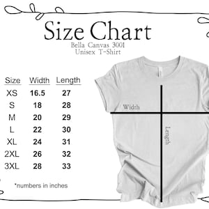 Op de afbeelding: Maattabel voor Bella Canvas 3001 unisex T-shirts, met breedte- en lengtemaat in inches voor maten XS tot 3XL.