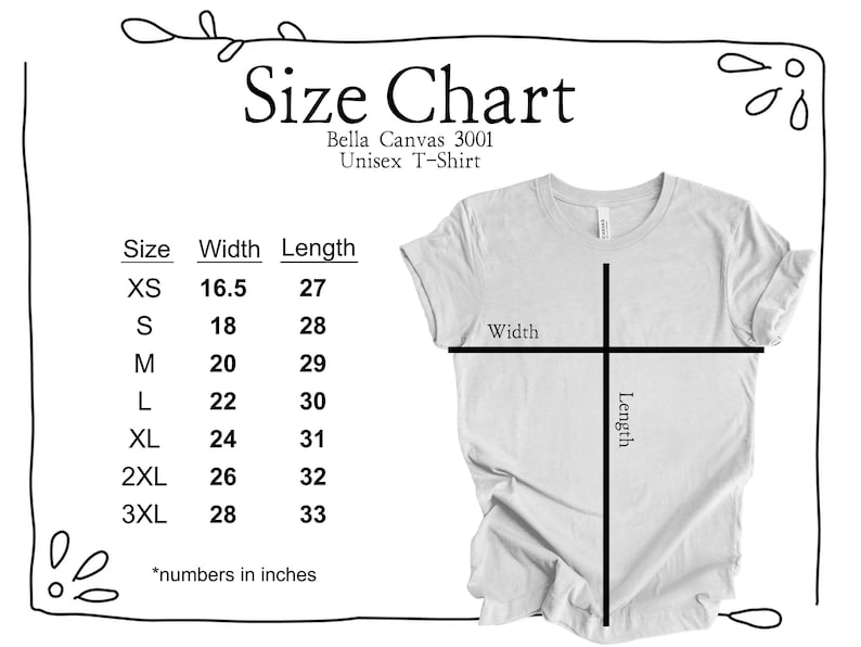 Op de afbeelding: Maattabel voor Bella Canvas 3001 unisex T-shirts, met breedte- en lengtemaat in inches voor maten XS tot 3XL.