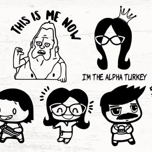May include: Black and white cartoon illustrations of characters from the animated series BoJack Horseman. The characters include BoJack Horseman, Princess Carolyn, Diane Nguyen, Mr. Peanutbutter, Todd Chavez, and a bunny rabbit. The text "This is me now" is written above BoJack Horseman and the text "I'm the alpha turkey!" is written below Princess Carolyn.