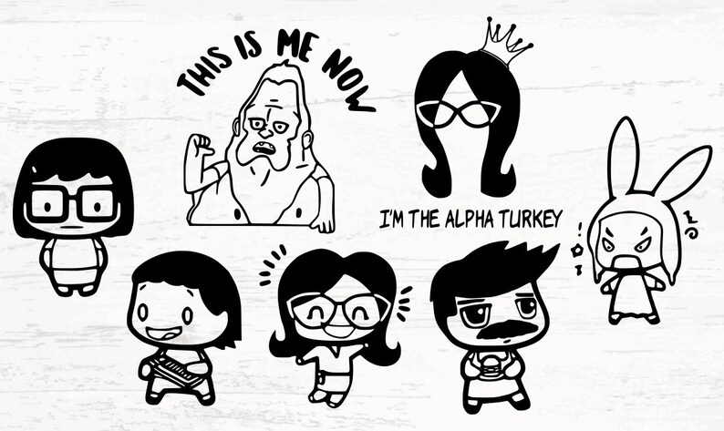 May include: Black and white cartoon illustrations of characters from the animated series BoJack Horseman. The characters include BoJack Horseman, Princess Carolyn, Diane Nguyen, Mr. Peanutbutter, Todd Chavez, and a bunny rabbit. The text "This is me now" is written above BoJack Horseman and the text "I'm the alpha turkey!" is written below Princess Carolyn.