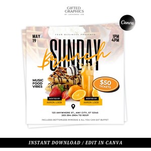 May include: A flyer for a Sunday brunch event with a yellow and orange colour scheme. The flyer features a waffle stack with whipped cream and a glass of orange juice. The text on the flyer reads "Sunday Brunch", "Music Food Vibes", "Hosted by Aaron Loeb", "£50 Tickets", "123 Anywhere St., Any City, ST 12345", "203-394-2904 to RSVP", "Includes bottomless mimosas & all you can eat buffet".