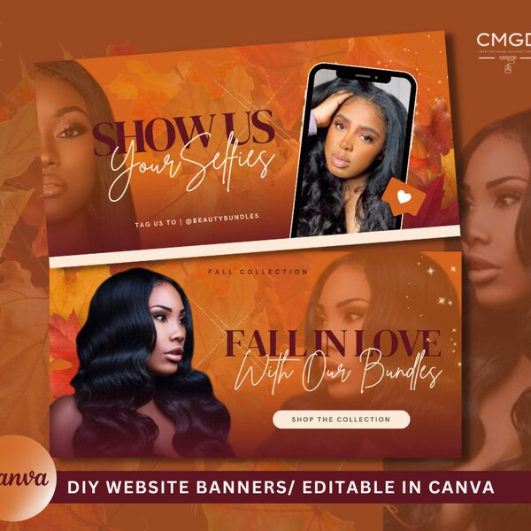 DIY Fall Website Banners For Bundles - Fall In Love With Bundles - Show Us Your Selfies banner - Edit in Canva