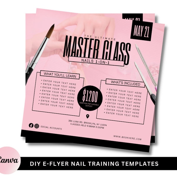 DIY Nail Master Class | Nails 1-ON-1 | Nail Course E-Flyer | Beauty | Edit in Canva | Unlimited access | Instant Download