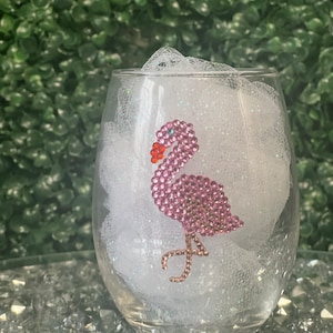 Flamingo rhinestoned stemless wine glass