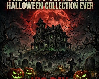 May include: A graphic print featuring a haunted house on a hill, a large red moon, bats, and a graveyard with glowing jack-o'-lanterns. The text reads THE MOST TERRIFYING HALLOWEEN COLLECTION EVER and VIC DAY in a distressed red font.